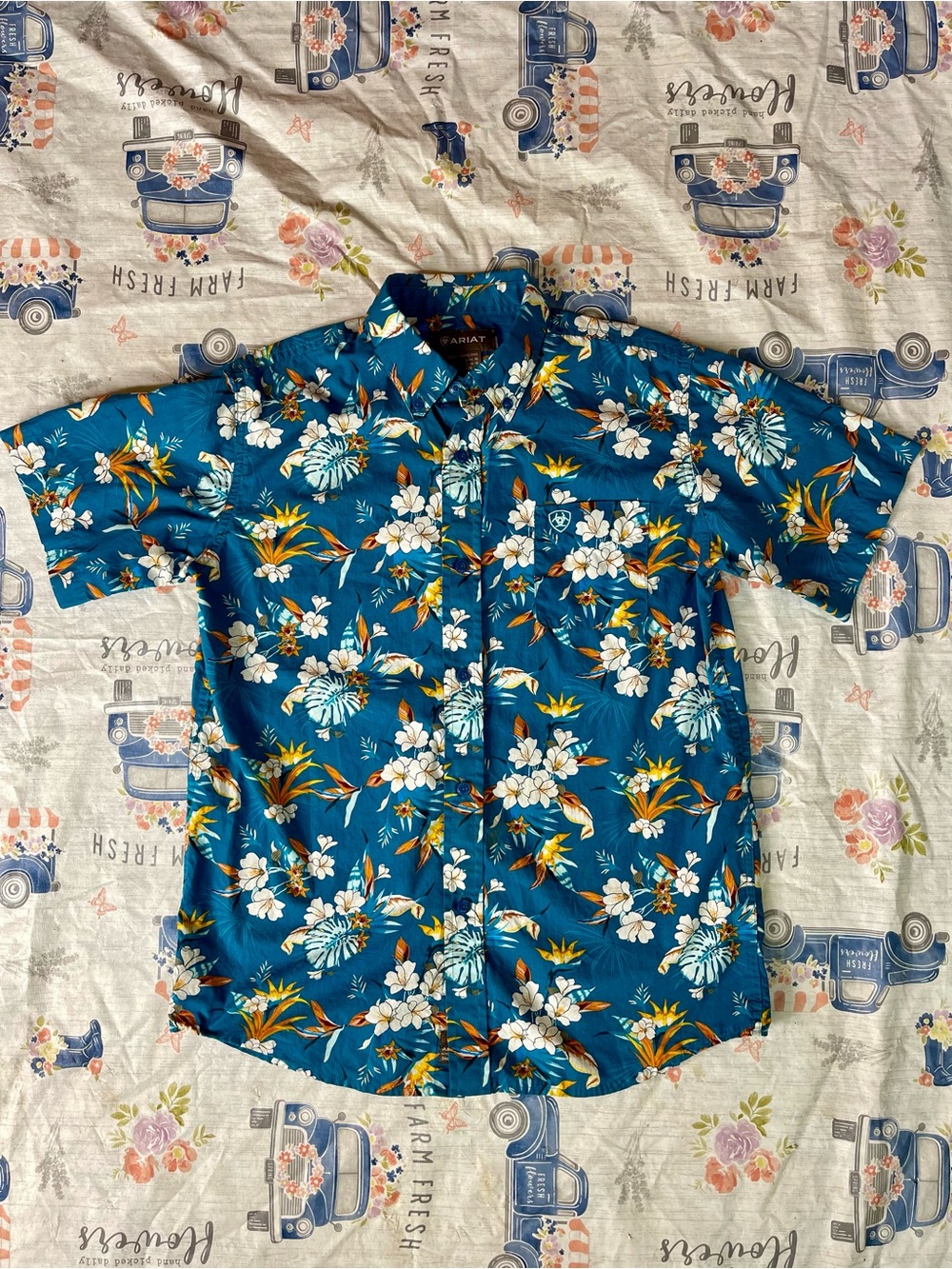 Ariat Boys Keon Classic Tropical Hawaiian Camp Lounge Button Up Shirt Size Large
